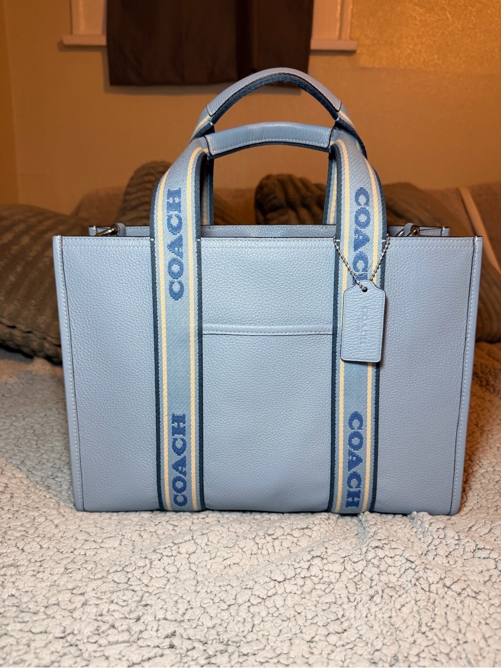 Coach Light Blue Leather Tote with Branded Webbing Strap
